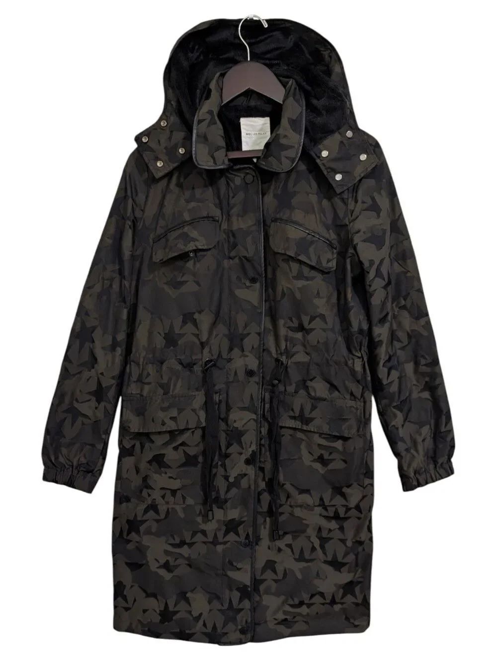 Avec Les Filles Camo Star Hooded Parka Jacket Medium - Black/Olive Green